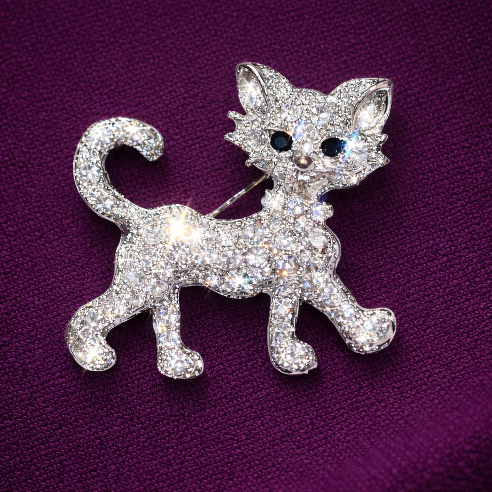 Crystal Rhinestone Kitty Cat Brooch Bag Charm